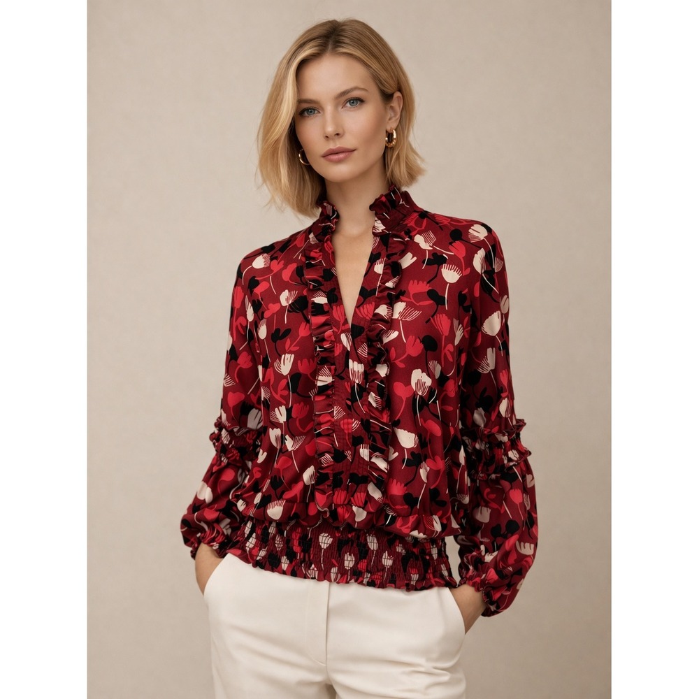 Cabi Boho Blouse Size S to M Red Floral Ruffle Smocked Long Sleeve Blouson‎ Top